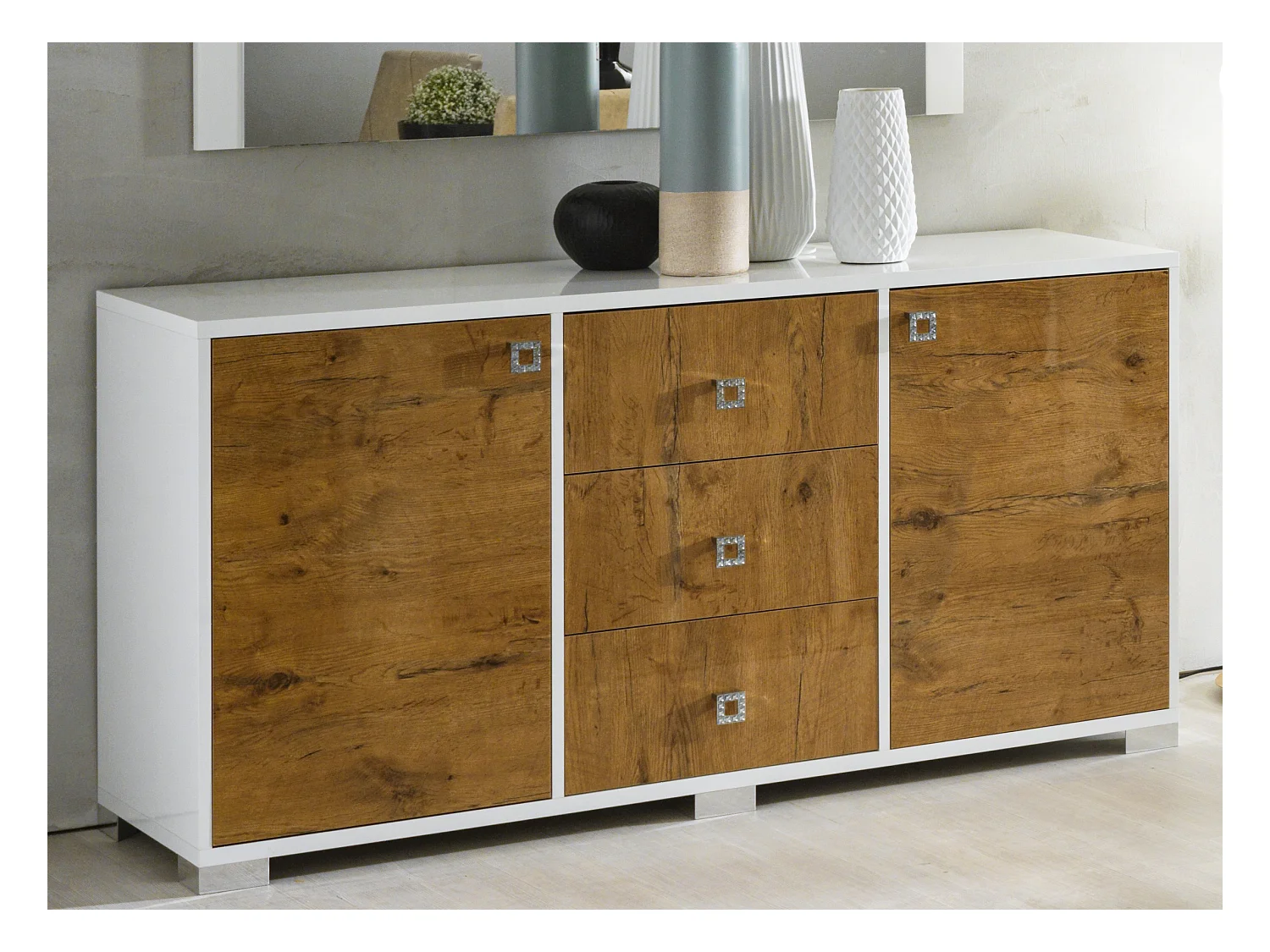 Buffet moderne 2 portes 3 tiroirs bois Oak et blanc brillant Sting 160cm