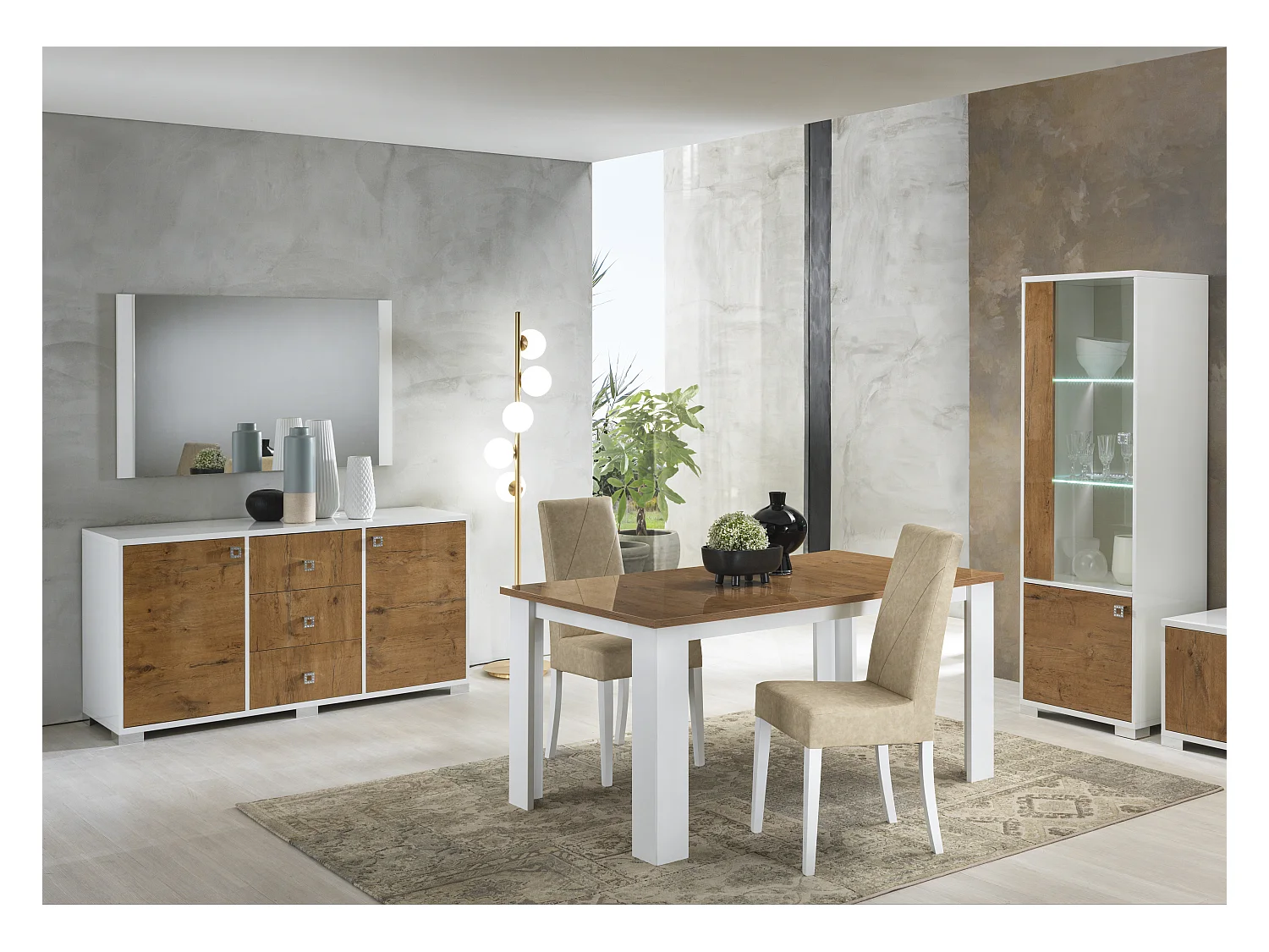 Buffet moderne 2 portes 3 tiroirs bois Oak et blanc brillant Sting 160cm