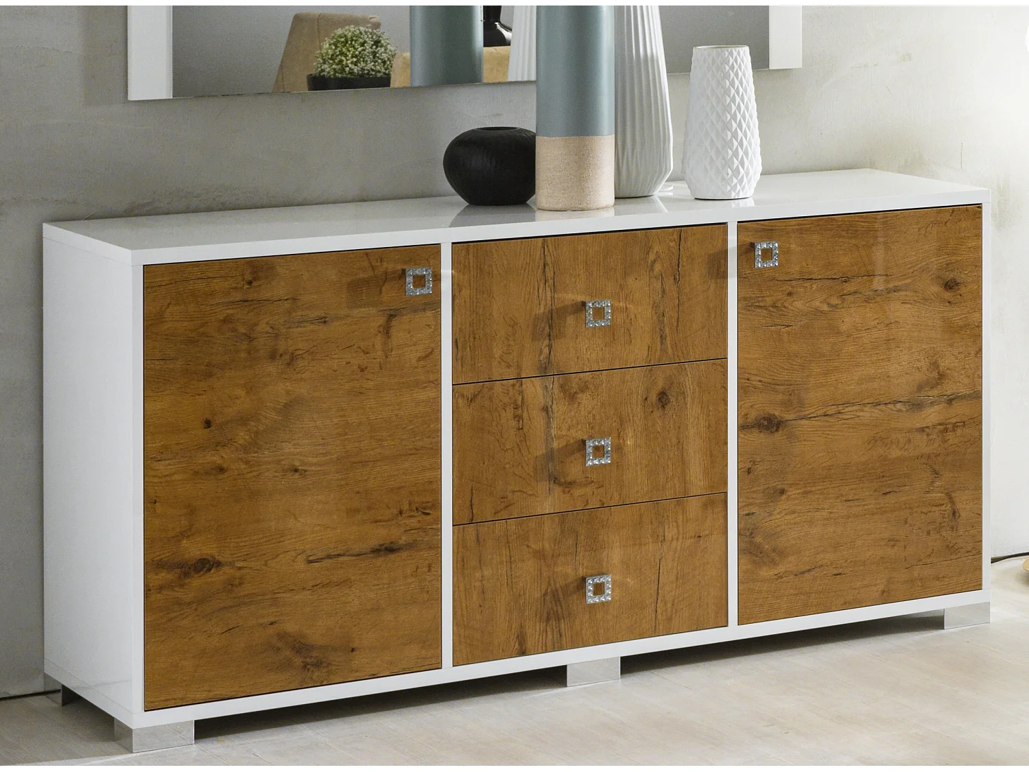 Buffet moderne 2 portes 3 tiroirs bois Oak et blanc brillant Sting 160cm