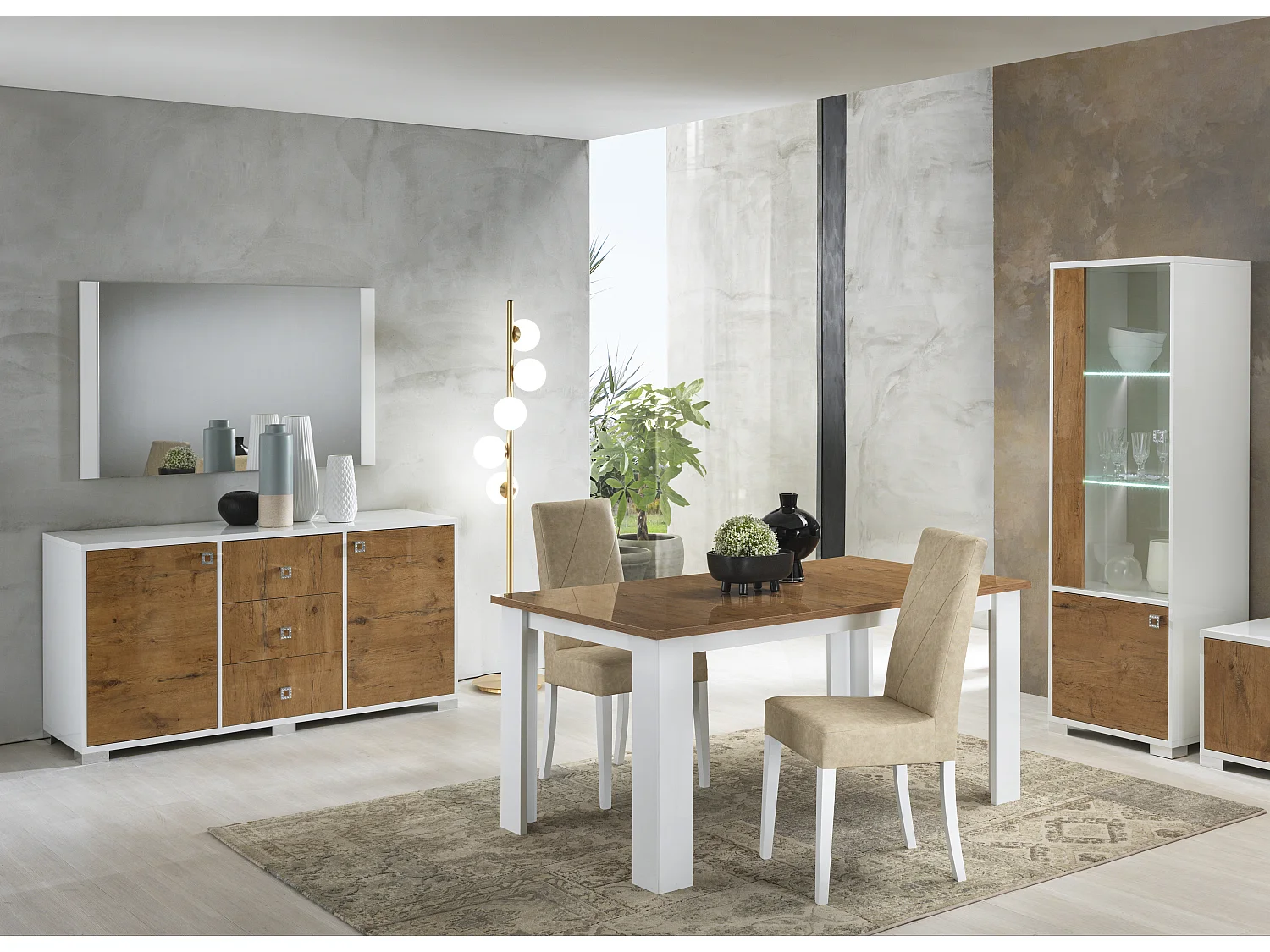 Buffet moderne 2 portes 3 tiroirs bois Oak et blanc brillant Sting 160cm