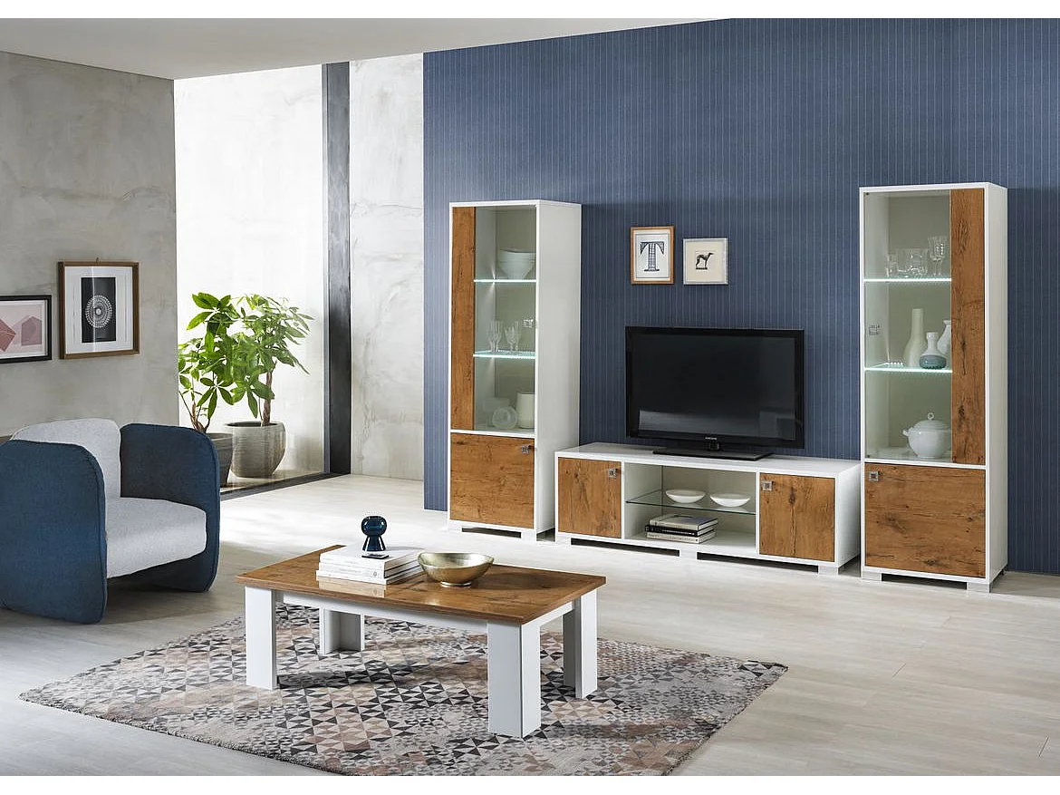 Buffet moderne 2 portes 3 tiroirs bois Oak et blanc brillant Sting 160cm