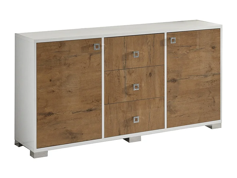 Aparador moderno de 2 puertas y 3 cajones en Roble y blanco brillo Sting 160 cm