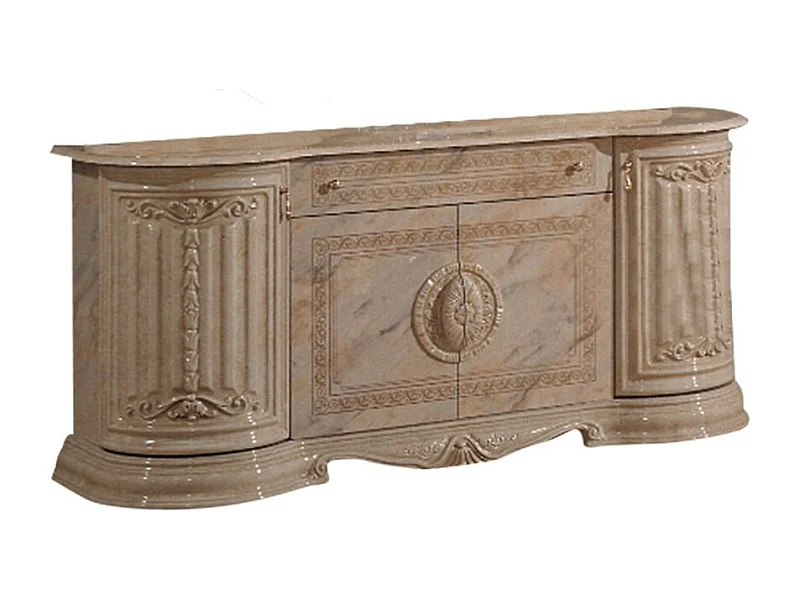 Buffet 4 portes 1 tiroir bois vernis laqué brillant beige et onyx effet marbré Lesly 168cm