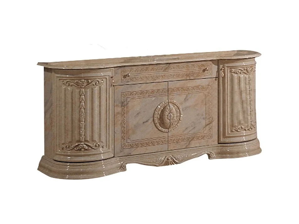 Buffet 4 portes 1 tiroir bois vernis laqué brillant beige et onyx effet marbré Lesly 168cm
