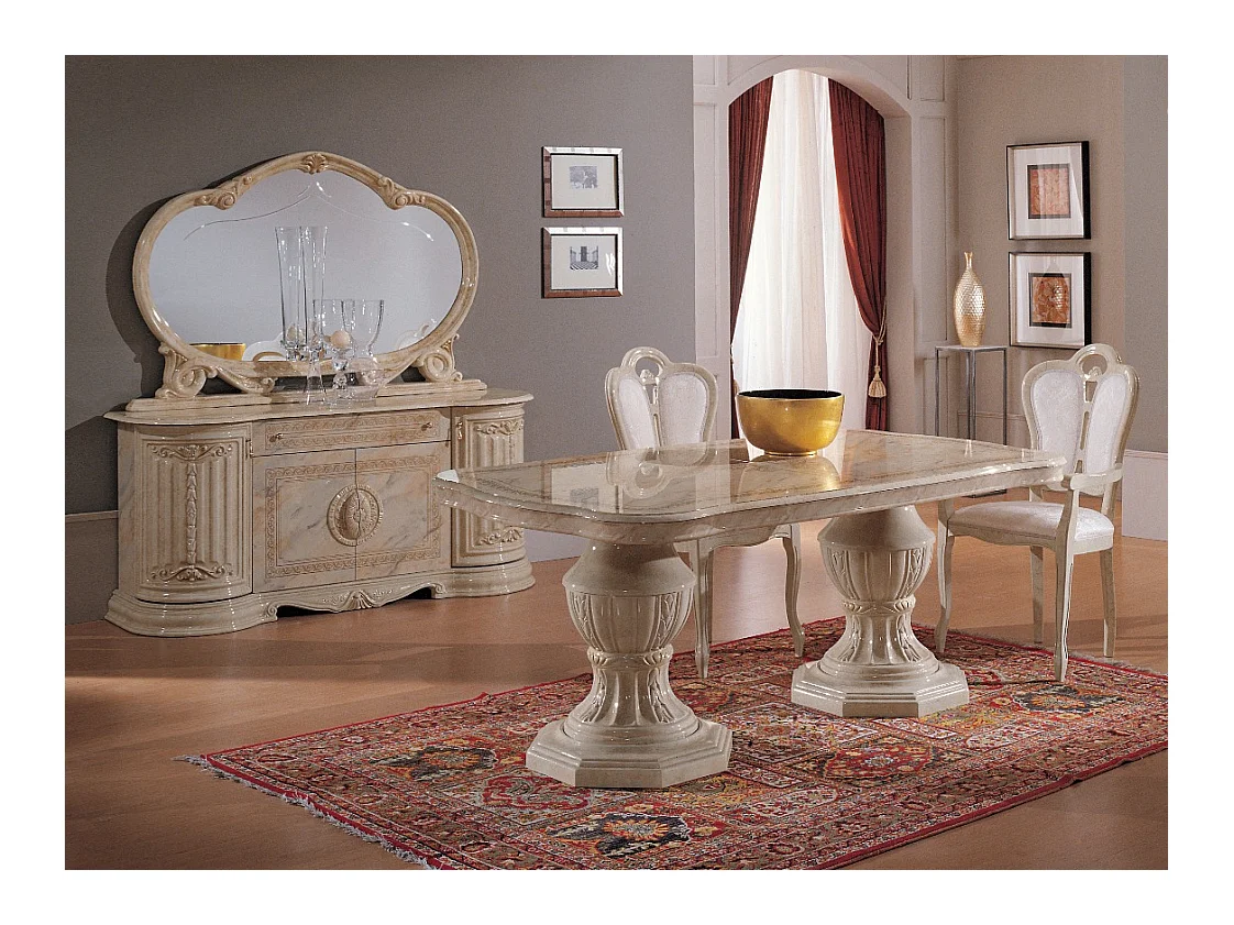 Buffet 4 portes 1 tiroir bois vernis laqué brillant beige et onyx effet marbré Lesly 168cm