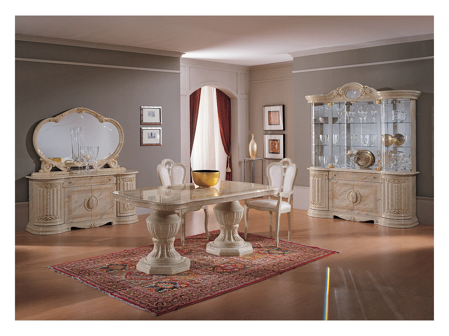 Buffet 4 portes 1 tiroir bois vernis laqué brillant beige et onyx effet marbré Lesly 168cm