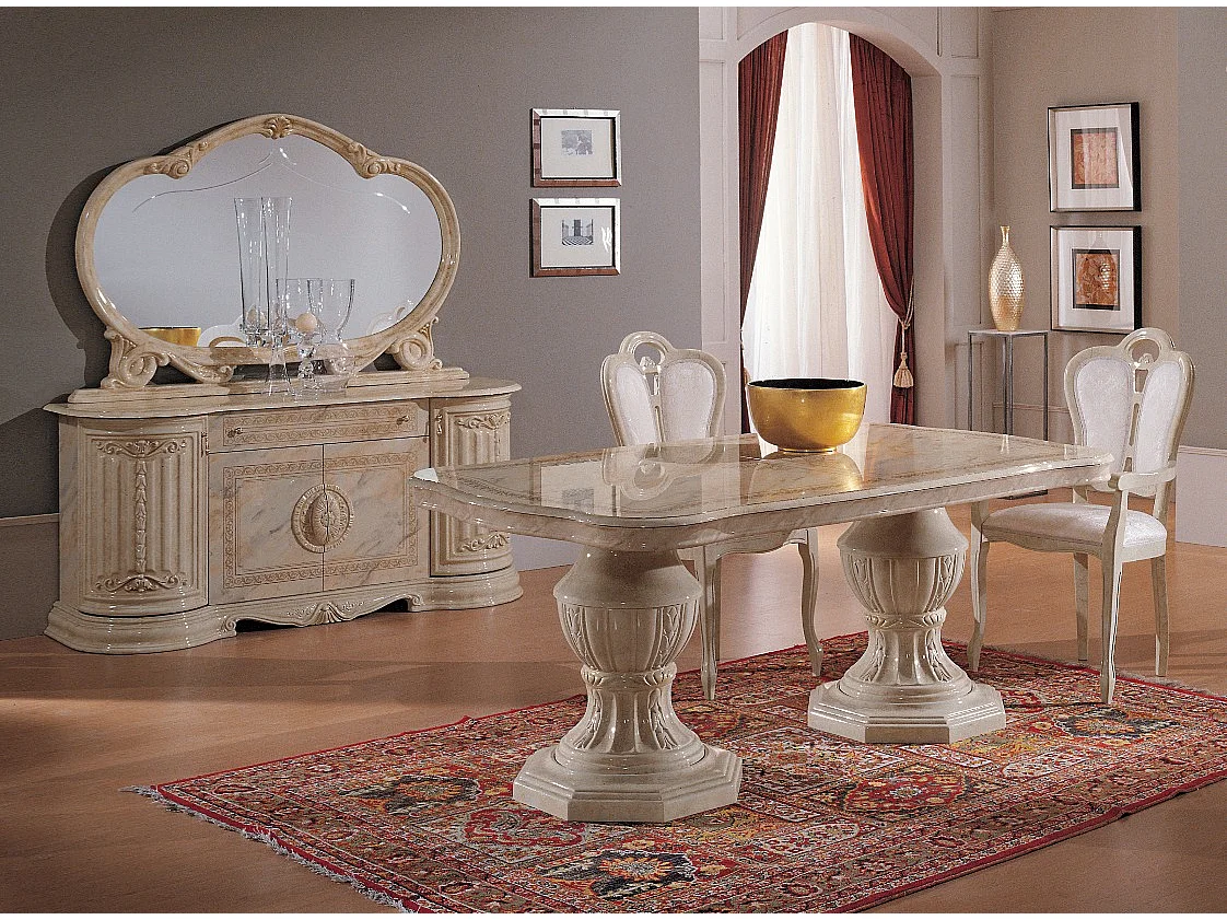 Buffet 4 portes 1 tiroir bois vernis laqué brillant beige et onyx effet marbré Lesly 168cm