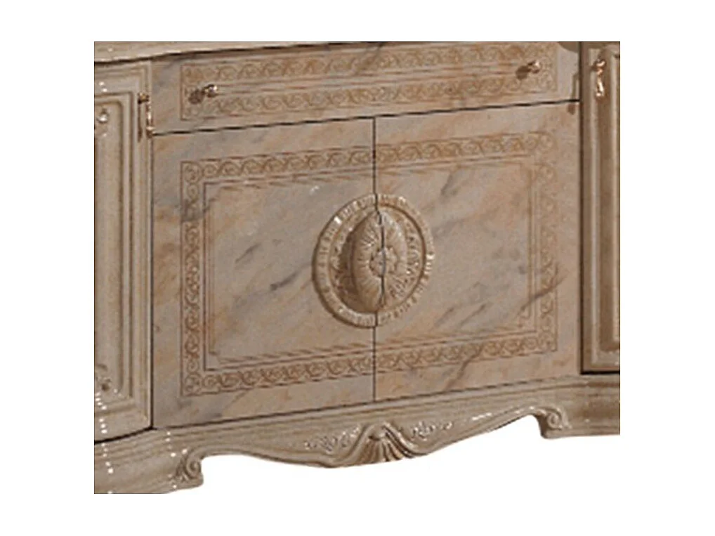 Buffet 4 portes 1 tiroir bois vernis laqué brillant beige et onyx effet marbré Lesly 168cm