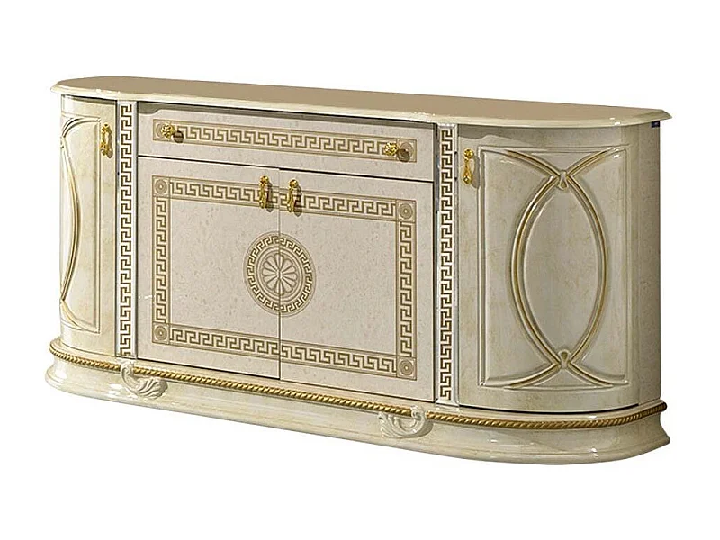 Buffet 4 portes 1 tiroir bois vernis laqué brillant beige et doré Venus 163cm