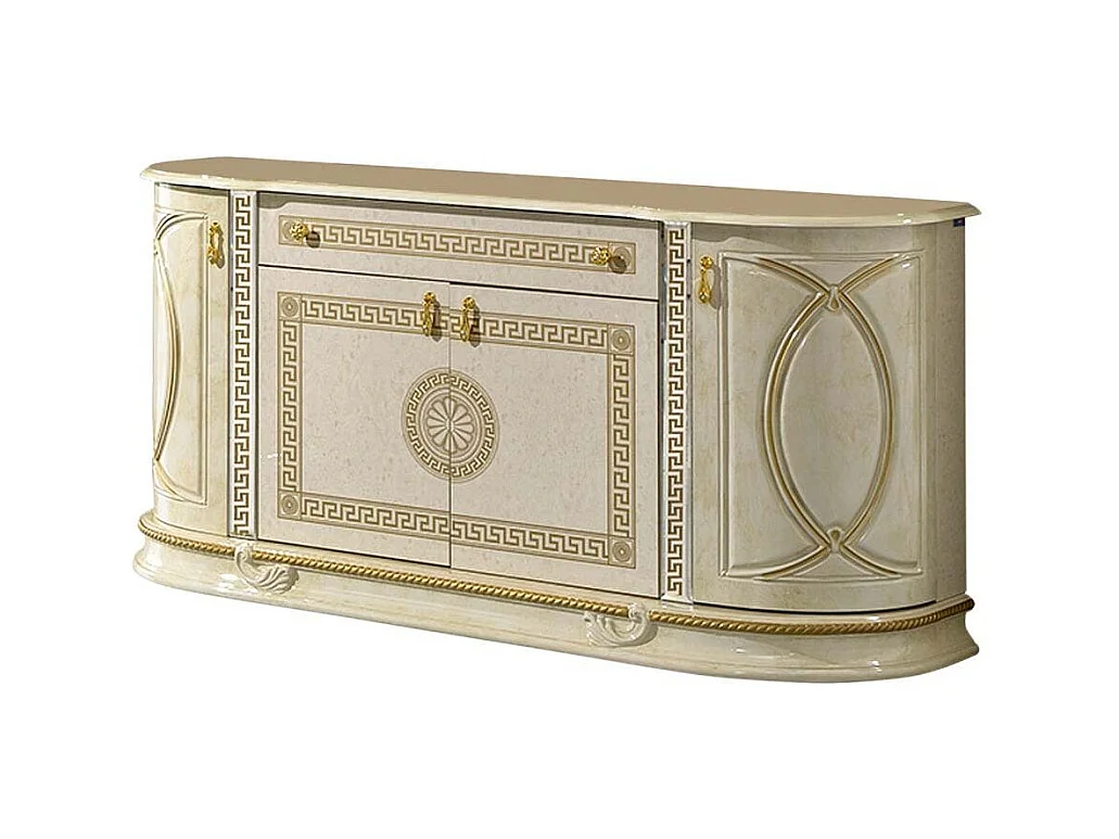 Buffet 4 portes 1 tiroir bois vernis laqué brillant beige et doré Venus 163cm