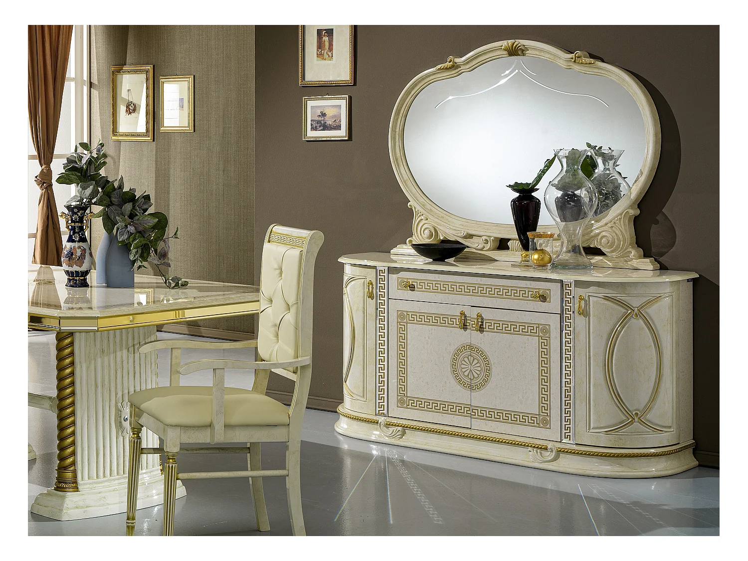 Buffet 4 portes 1 tiroir bois vernis laqué brillant beige et doré Venus 163cm