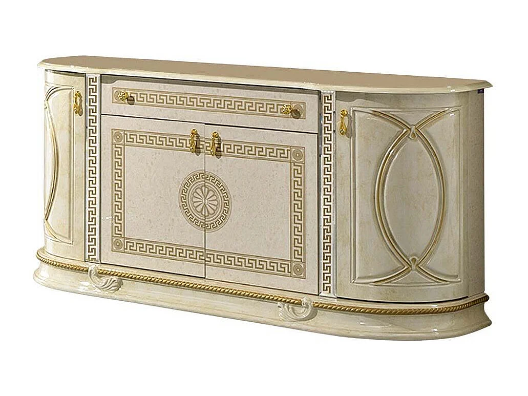 Buffet 4 portes 1 tiroir bois vernis laqué brillant beige et doré Venus 163cm