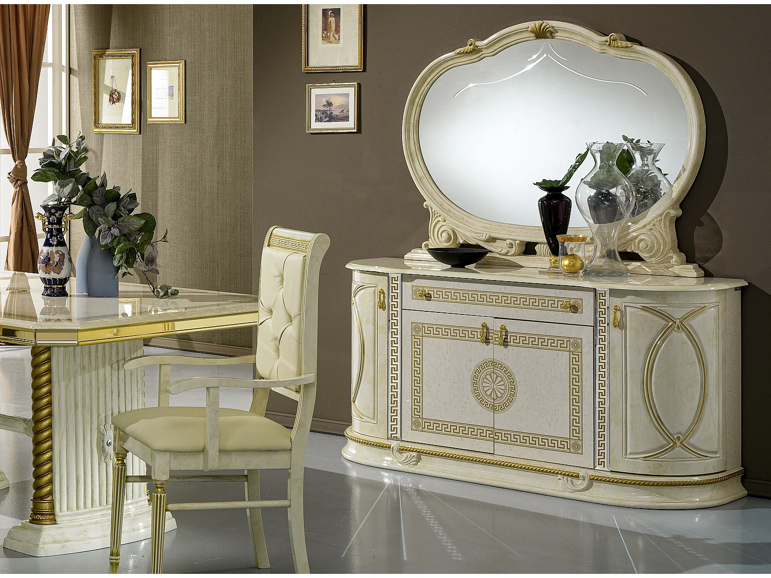 Buffet 4 portes 1 tiroir bois vernis laqué brillant beige et doré Venus 163cm
