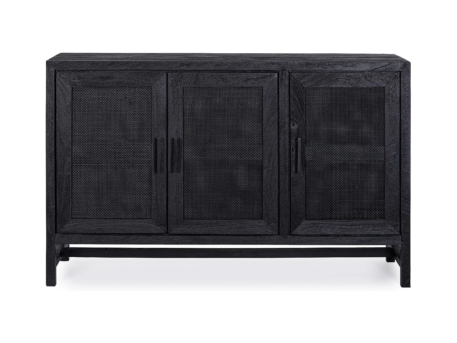 Buffet 3 portes en bois massif noir de manguier et rotin noir Waky 125cm