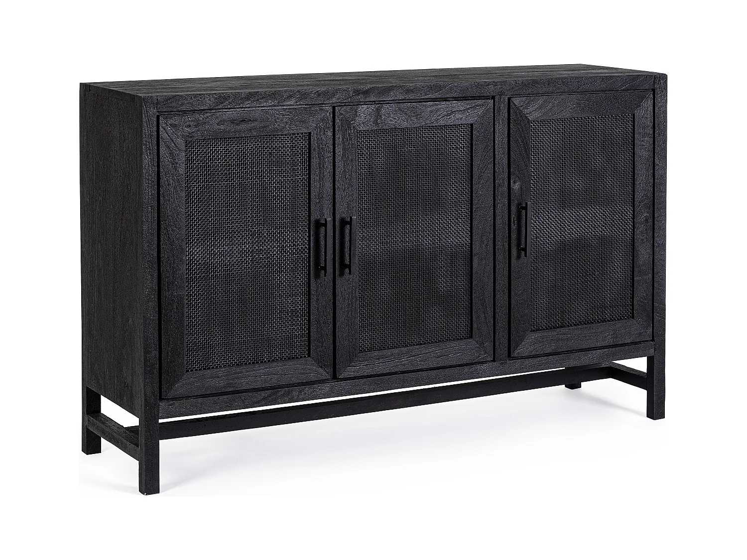 Buffet 3 portes en bois massif noir de manguier et rotin noir Waky 125cm