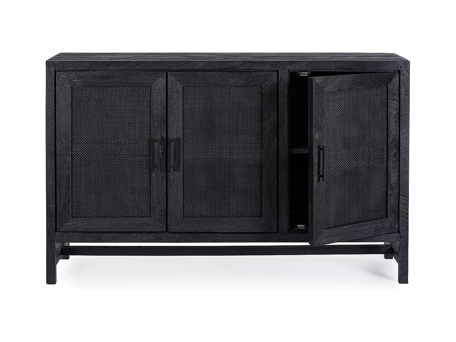 Buffet 3 portes en bois massif noir de manguier et rotin noir Waky 125cm