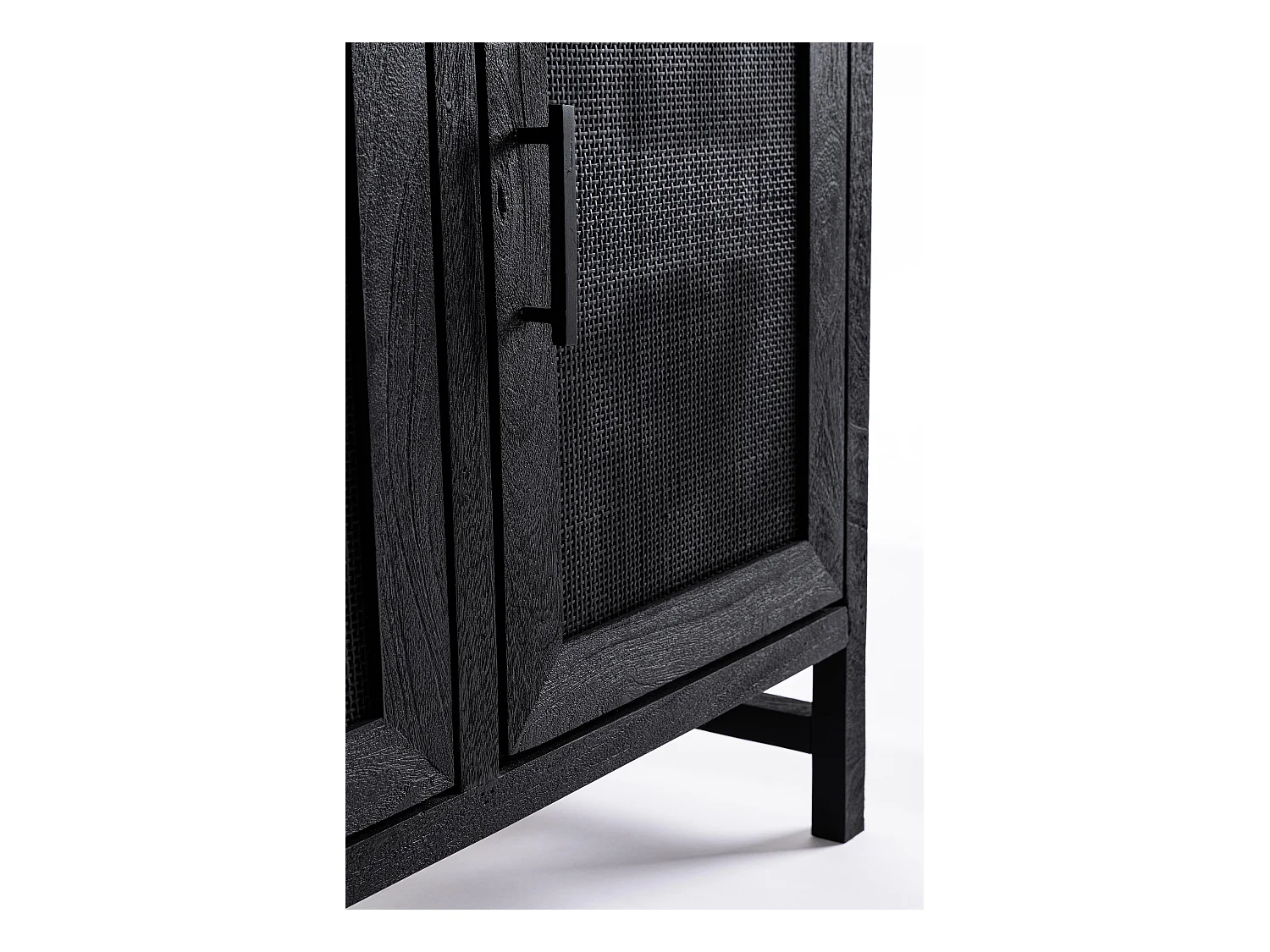 Buffet 3 portes en bois massif noir de manguier et rotin noir Waky 125cm