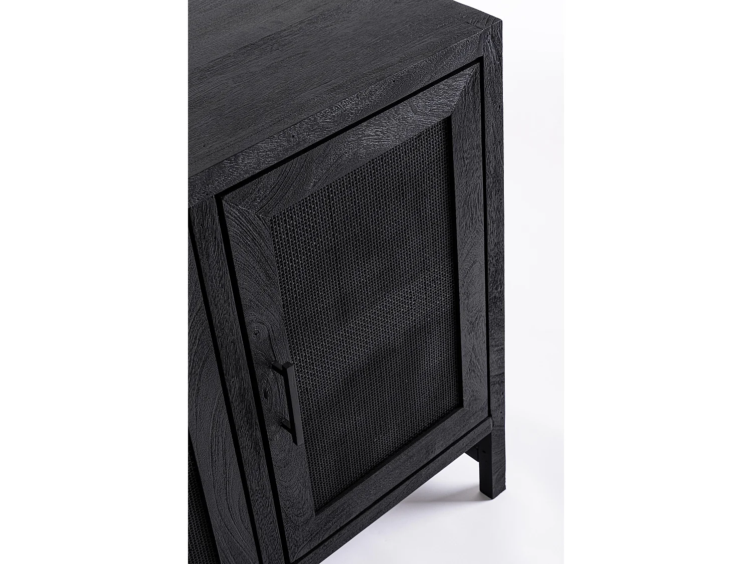 Buffet 3 portes en bois massif noir de manguier et rotin noir Waky 125cm