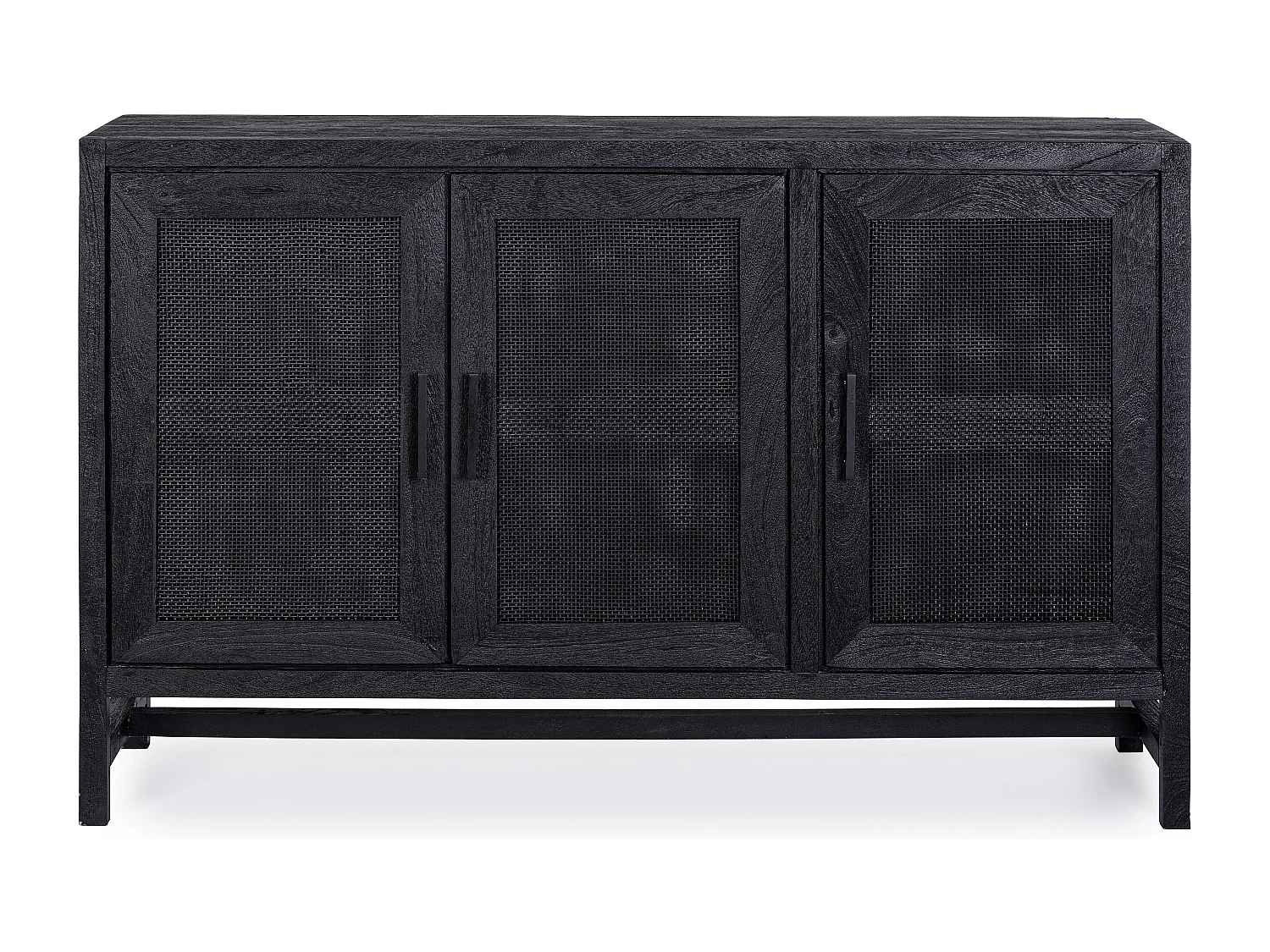 Buffet 3 portes en bois massif noir de manguier et rotin noir Waky 125cm