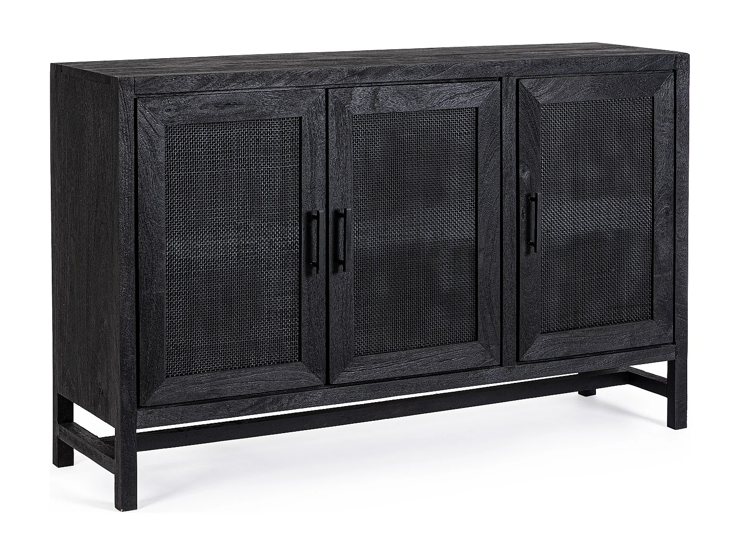 Buffet 3 portes en bois massif noir de manguier et rotin noir Waky 125cm