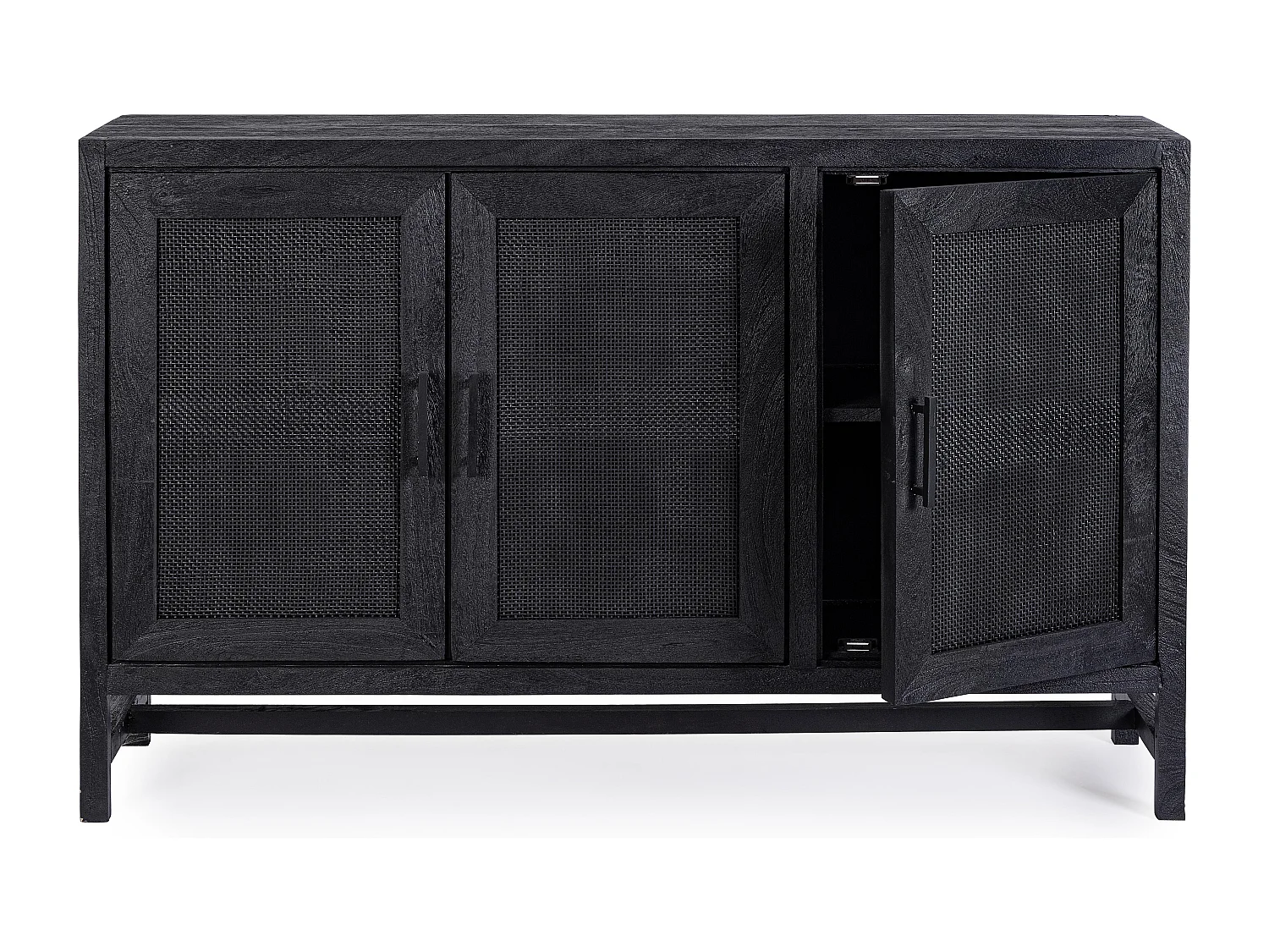 Buffet 3 portes en bois massif noir de manguier et rotin noir Waky 125cm