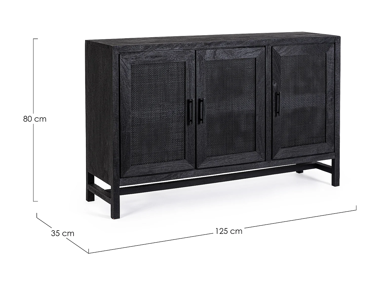 Buffet 3 portes en bois massif noir de manguier et rotin noir Waky 125cm