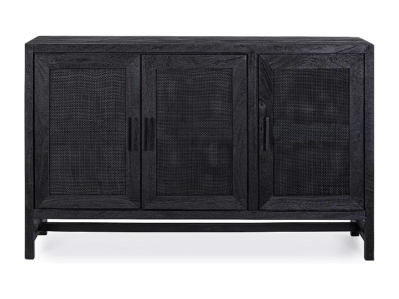 Buffet 3 portes en bois massif noir de manguier et rotin noir Waky 125cm