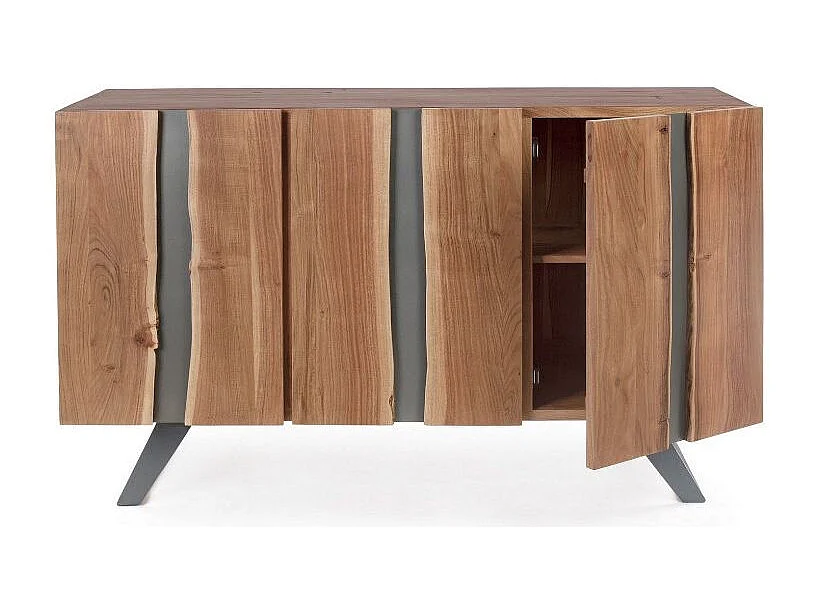 Buffet 3 portes bois d'acacia et pieds acier gris Denia 145cm
