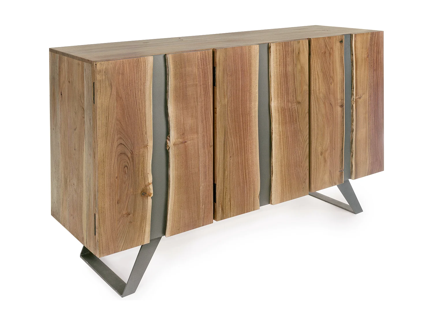 Buffet 3 portes bois d'acacia et pieds acier gris Denia 145cm