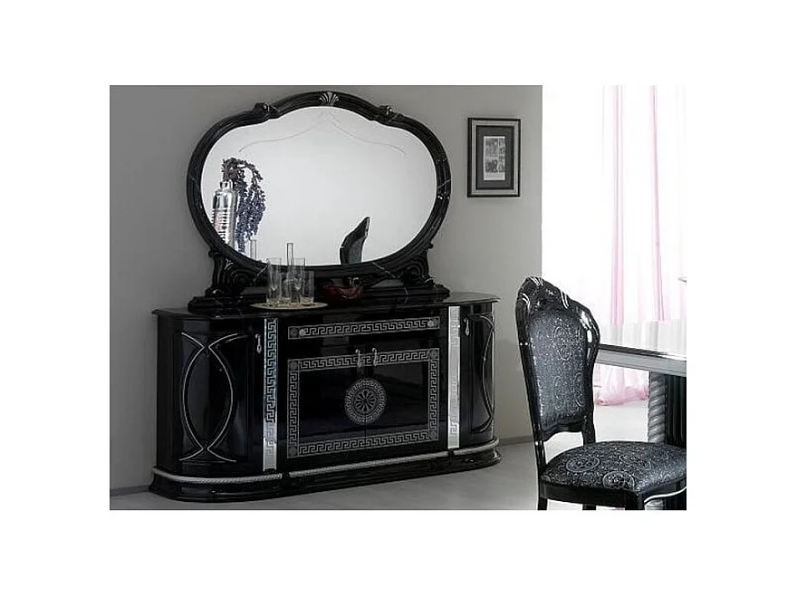 Buffet 4 portes 1 tiroir bois vernis laqué brillant noir et gris Venus 163cm