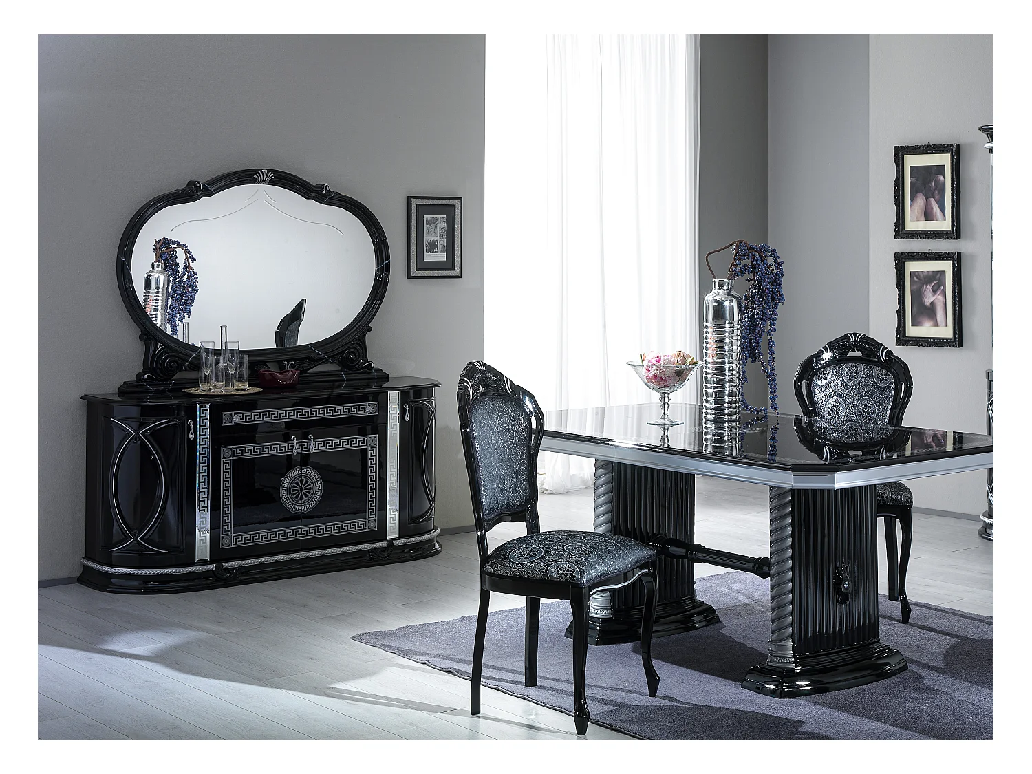 Buffet 4 portes 1 tiroir bois vernis laqué brillant noir et gris Venus 163cm