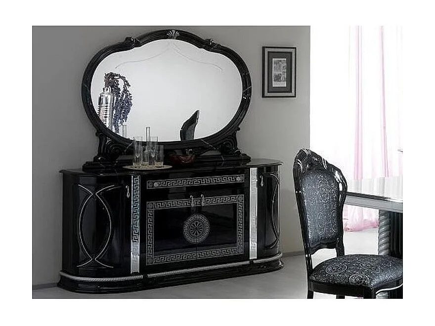 Buffet 4 portes 1 tiroir bois vernis laqué brillant noir et gris Venus 163cm