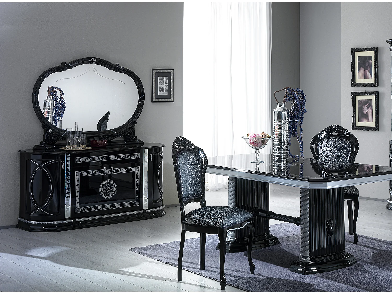 Buffet 4 portes 1 tiroir bois vernis laqué brillant noir et gris Venus 163cm