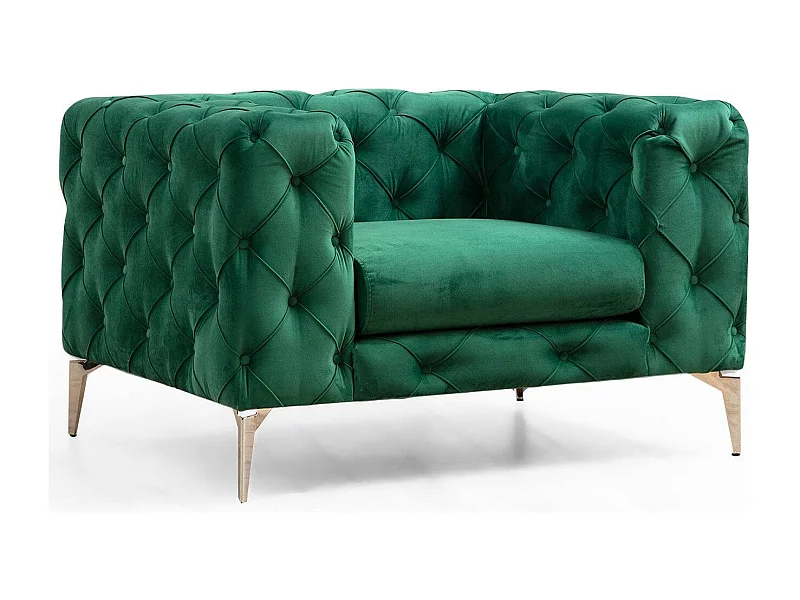 Fauteuil capitonné velours vert et pieds chromés Herakles 108cm