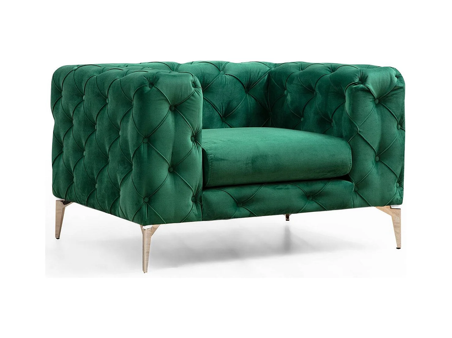 Fauteuil capitonné velours vert et pieds chromés Herakles 108cm