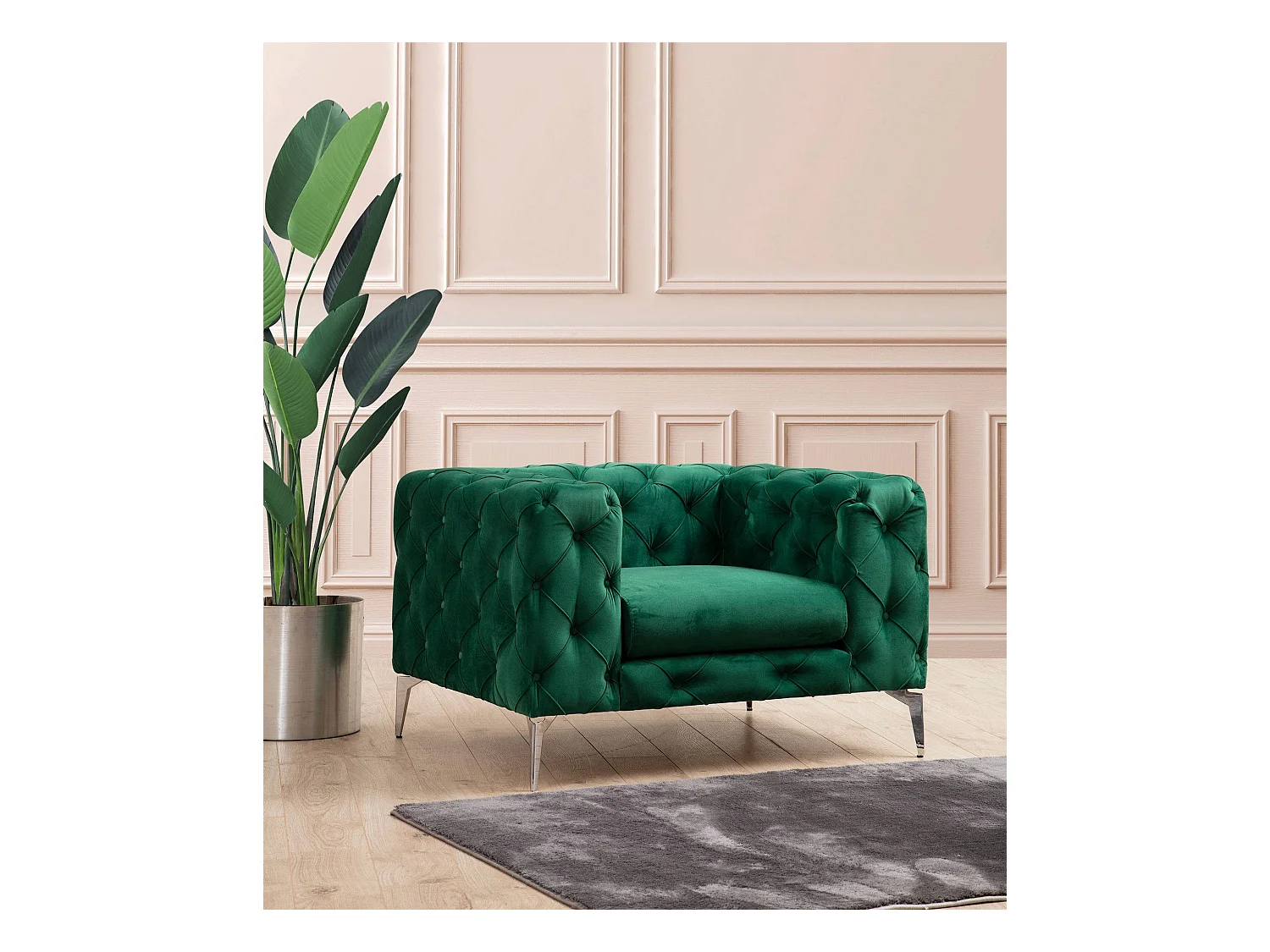 Fauteuil capitonné velours vert et pieds chromés Herakles 108cm