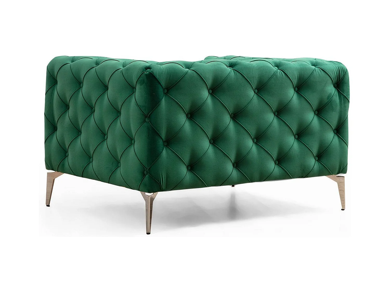 Fauteuil capitonné velours vert et pieds chromés Herakles 108cm