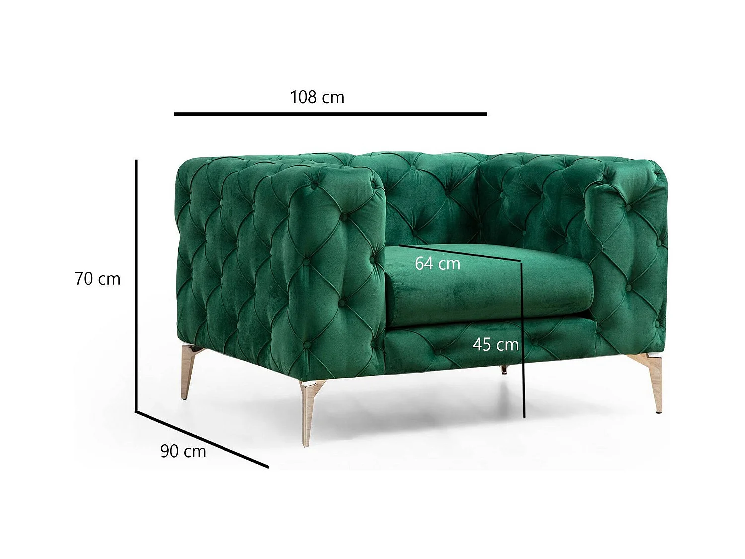 Fauteuil capitonné velours vert et pieds chromés Herakles 108cm