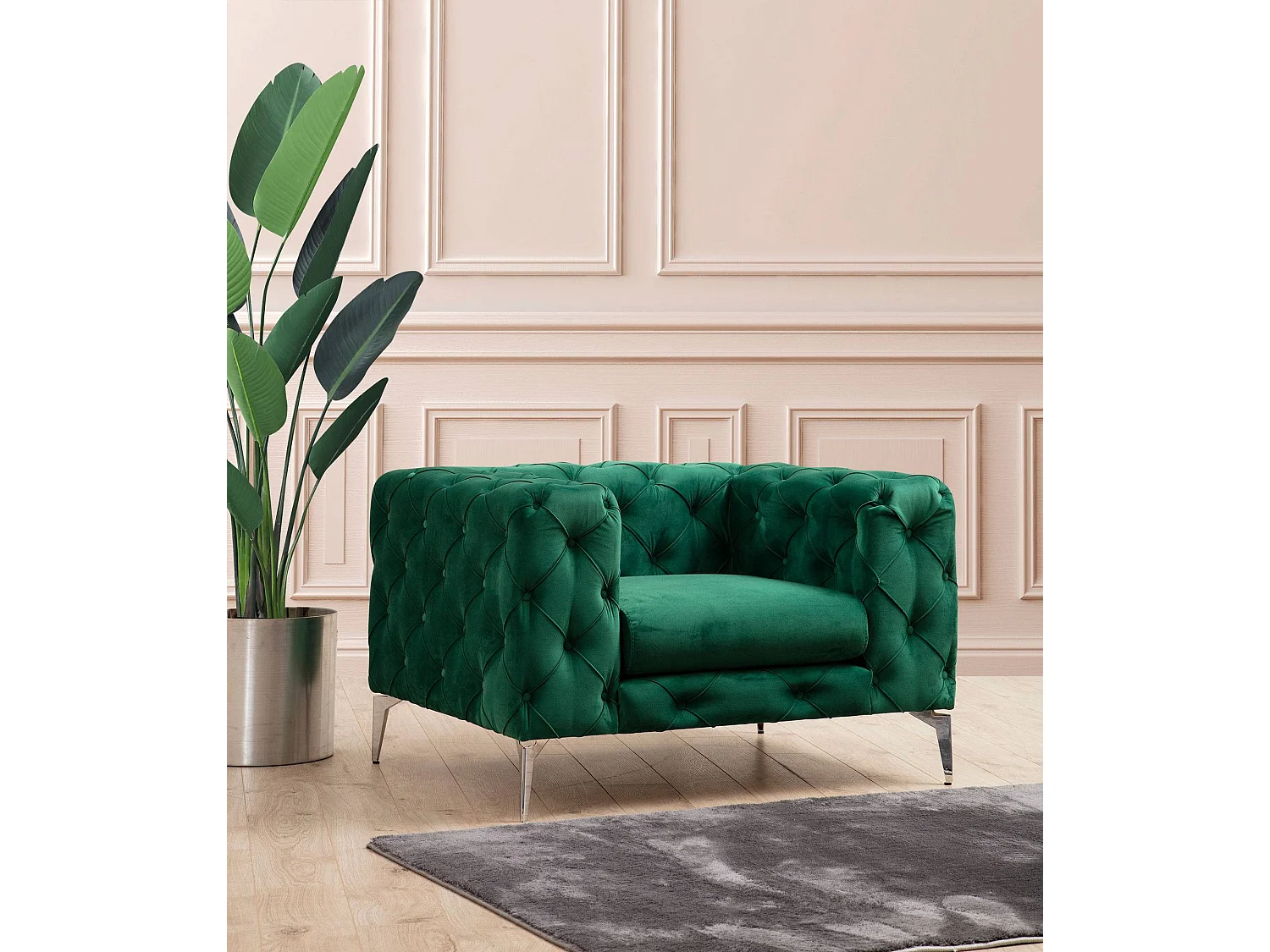 Fauteuil capitonné velours vert et pieds chromés Herakles 108cm