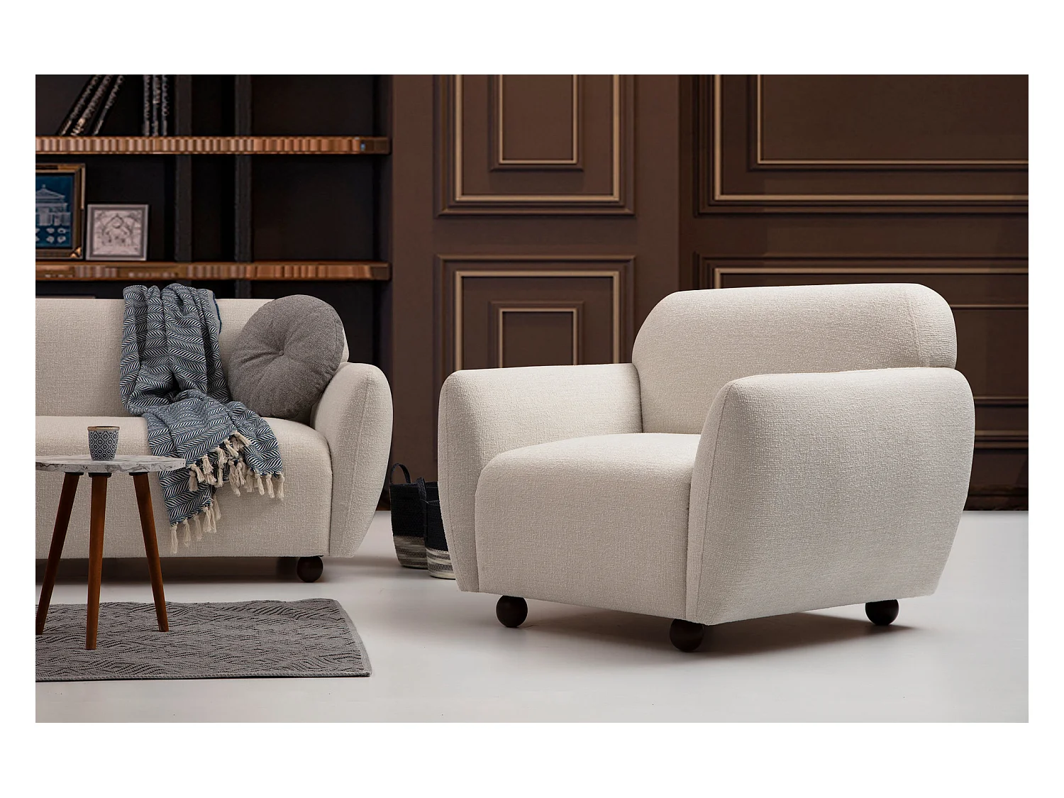 Fauteuil moderne tissu beige clair Kelly 90cm