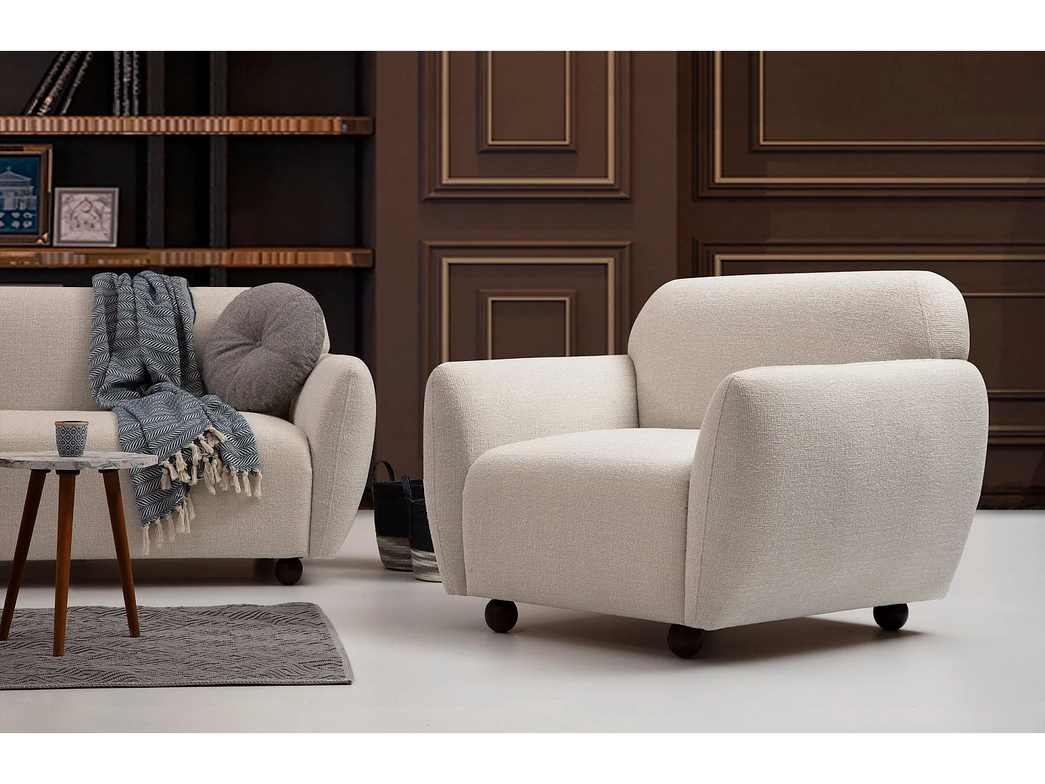 Fauteuil moderne tissu beige clair Kelly 90cm