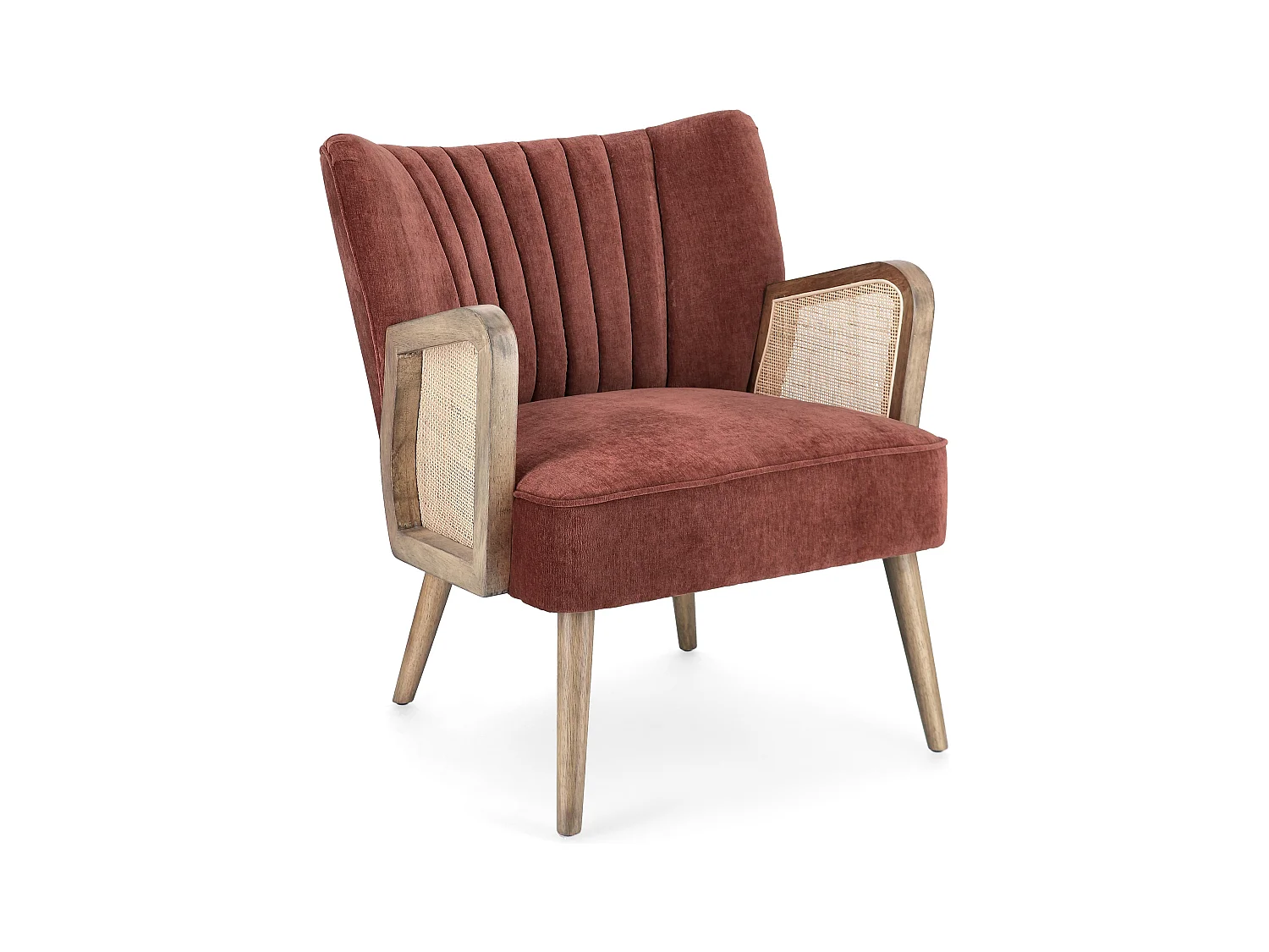 Rucha fauteuil van natuurlijk hout en rotan, steenrood fluwelen zitting, 64 cm