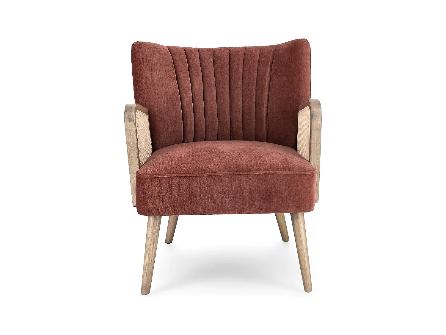 Rucha fauteuil van natuurlijk hout en rotan, steenrood fluwelen zitting, 64 cm