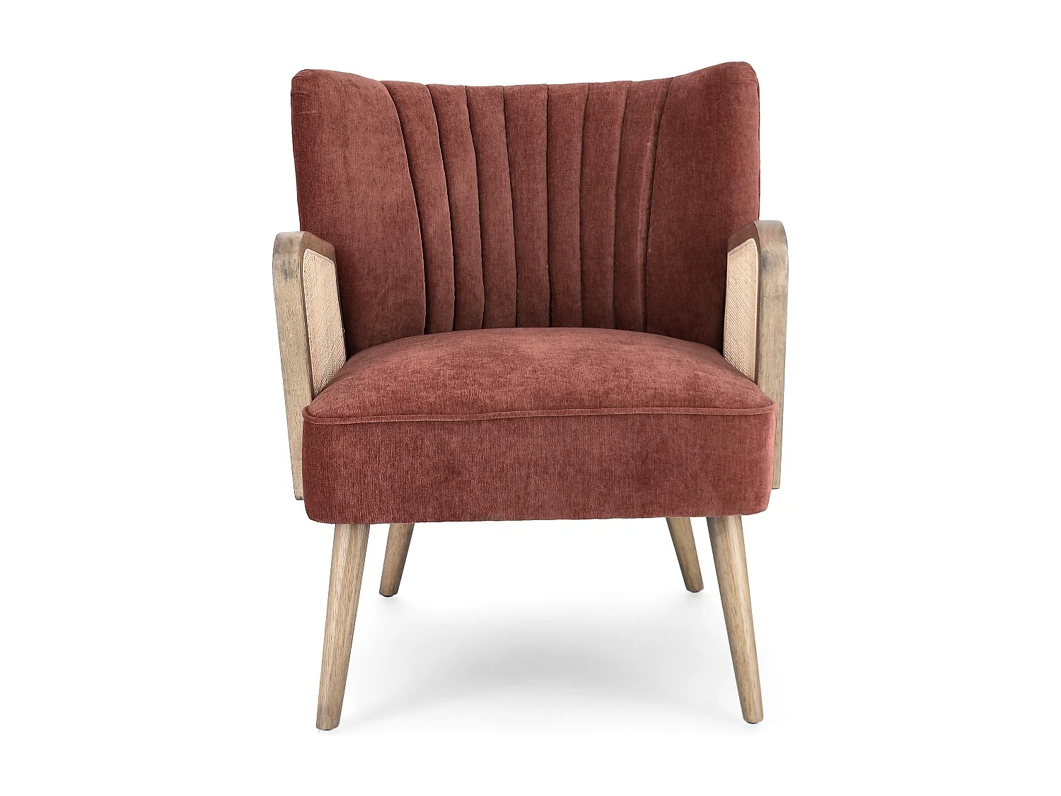 Fauteuil en bois naturel et rotin assise velours rouge brique Rucha 64cm