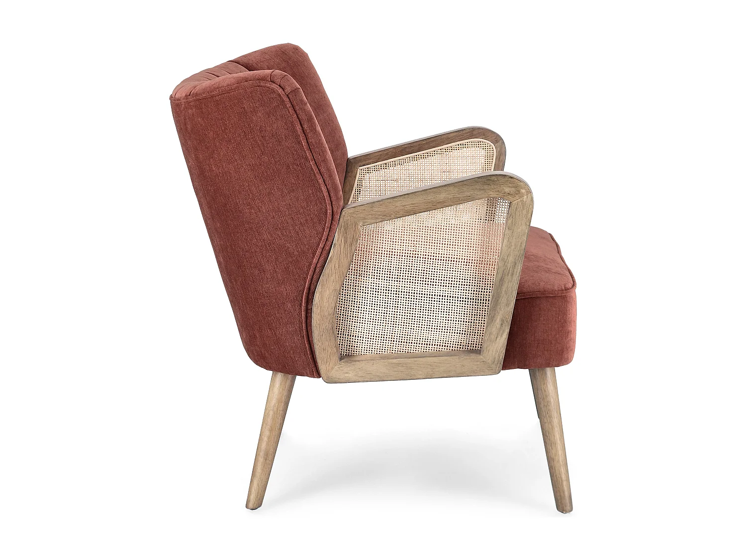 Fauteuil en bois naturel et rotin assise velours rouge brique Rucha 64cm