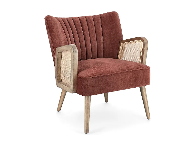 Fauteuil en bois naturel et rotin assise velours rouge brique Rucha 64cm