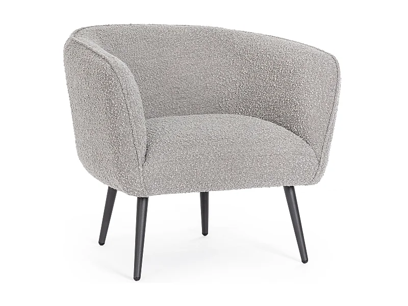 Fauteuil moderne tissu doux bouclé gris et pieds acier noir Kadole 76cm