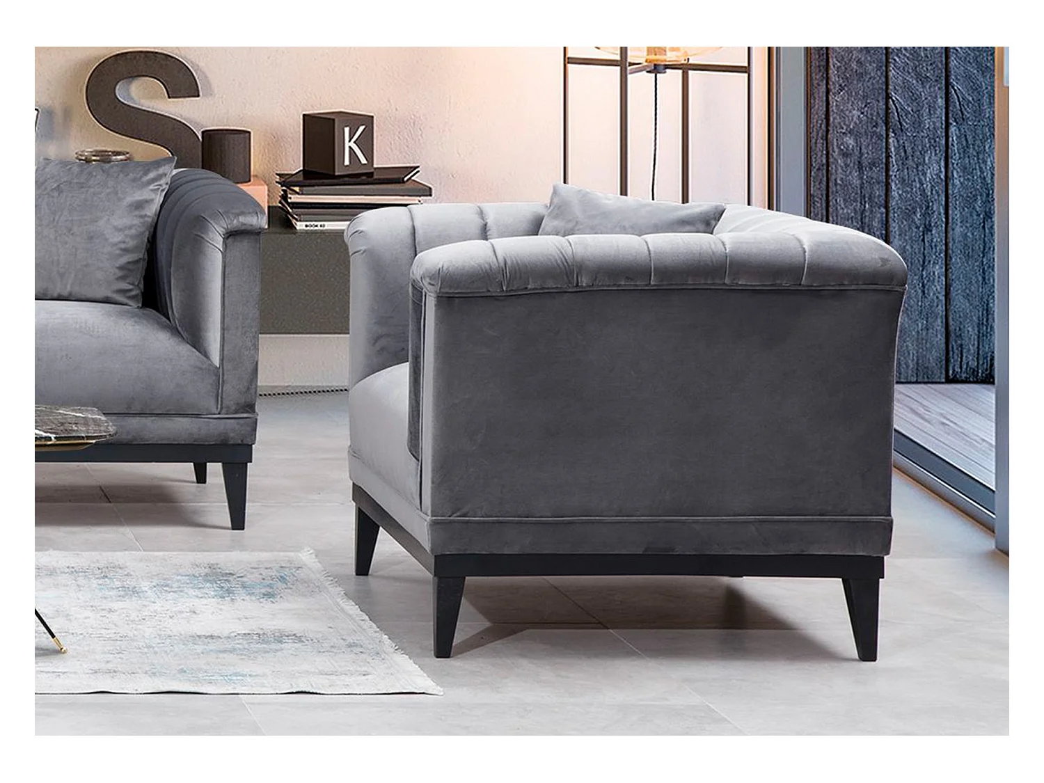 Fauteuil velours gris Robina 105cm