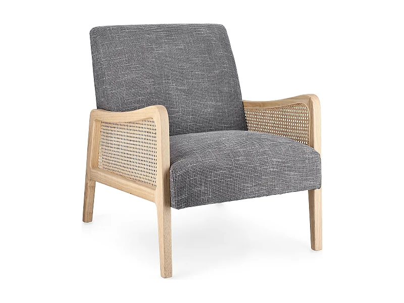Fauteuil en bois de pin et rotin assise tissu gris foncé Denvar 68cm