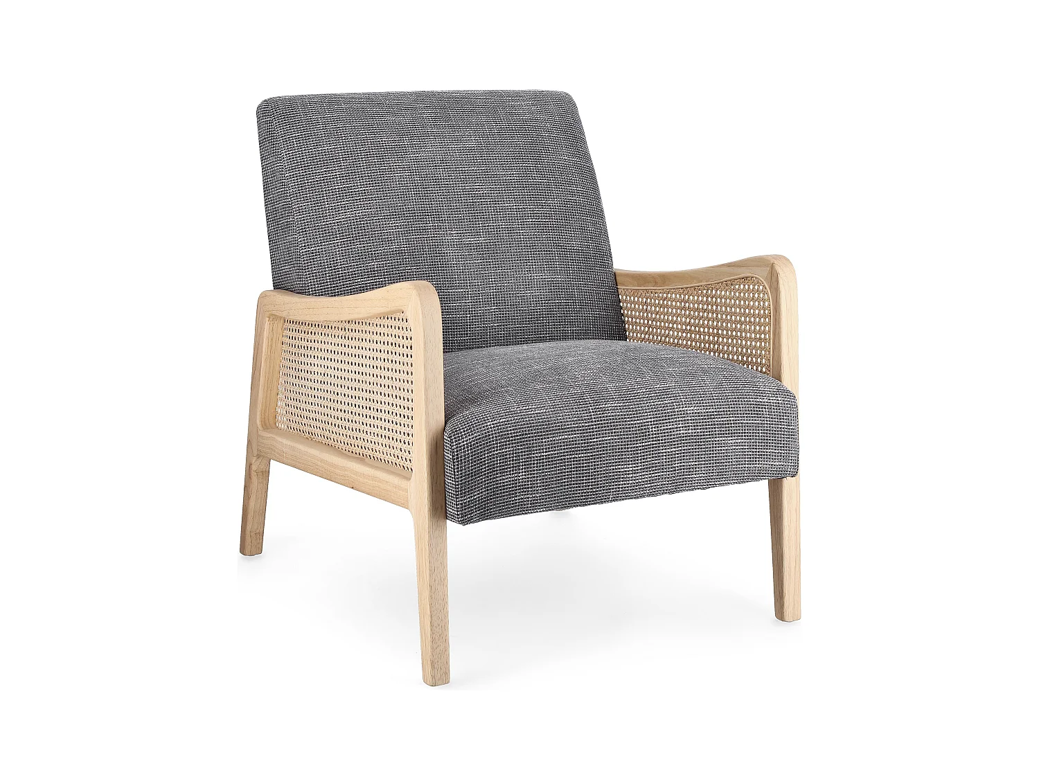 Fauteuil en bois de pin et rotin assise tissu gris foncé Denvar 68cm